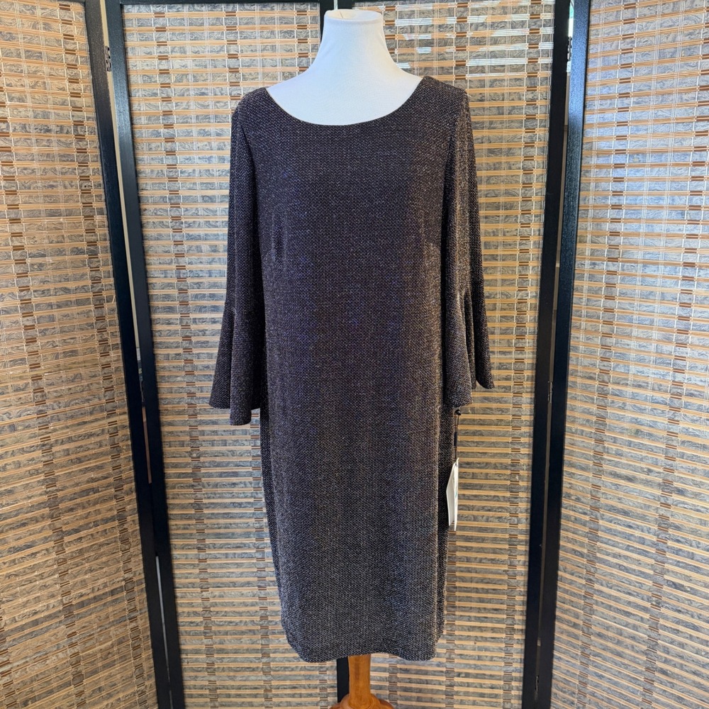 Calvin Klein Sheath Dress Women 16 Black Gold Metallic Shimmer Bell Sleeve Party